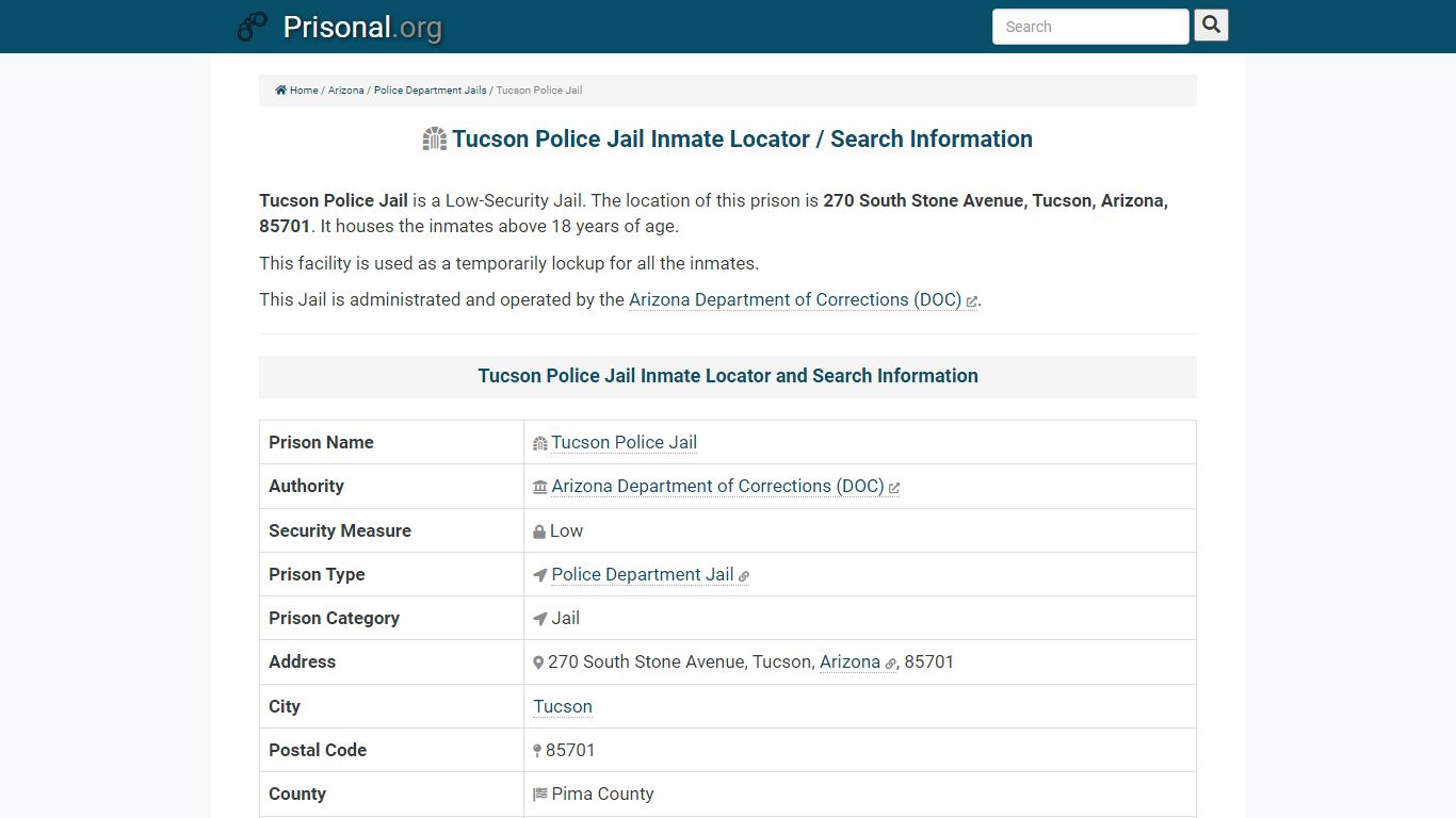 Tucson Police Jail-Inmate Locator/Search Info, Phone, Fax ...